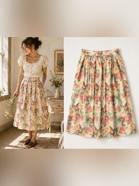Vintage Sweater Loft Floral Cotton Midi Skirt Made USA Cottagecore Prairie M